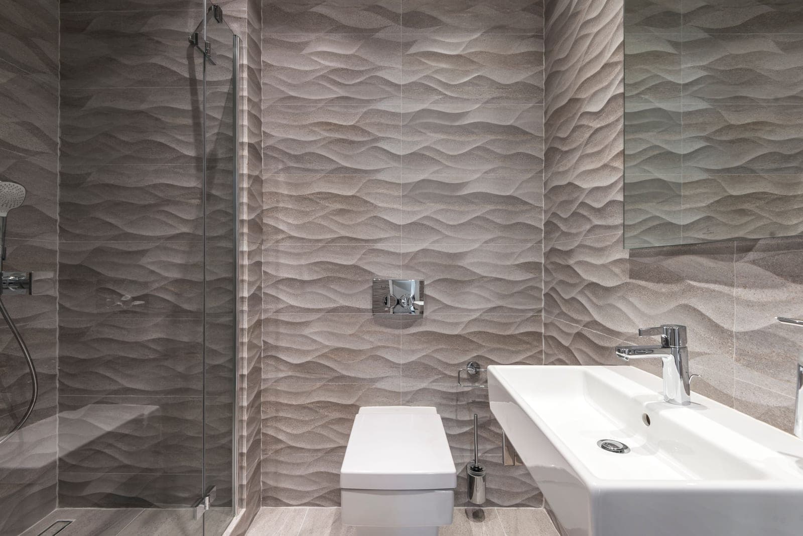 A bathroom interior in neutral tones