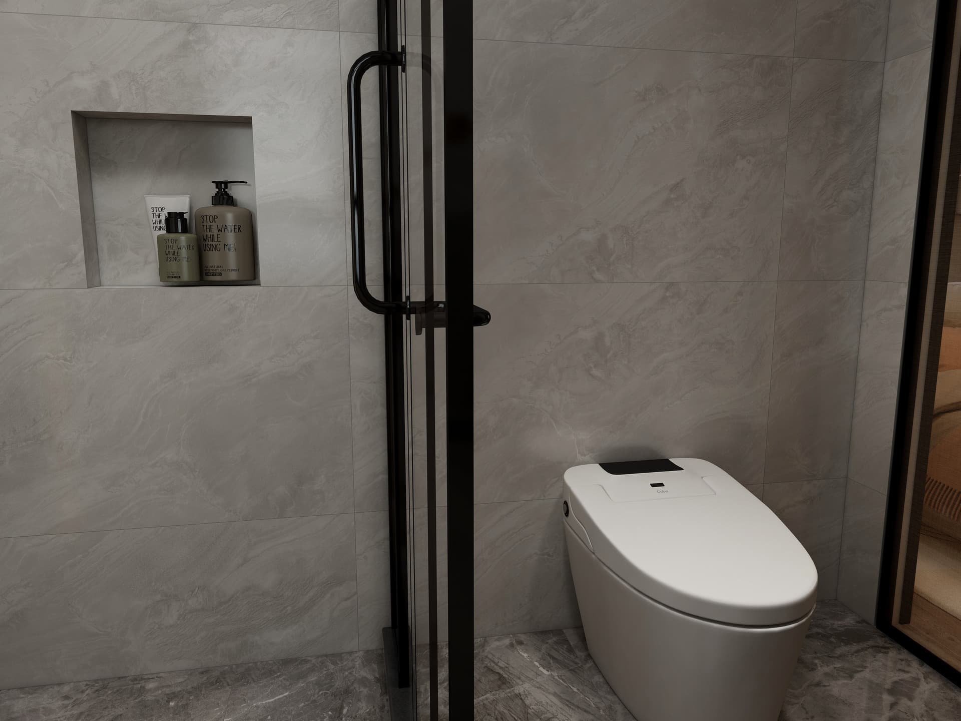 A modern bathroom with a contemporary toilet