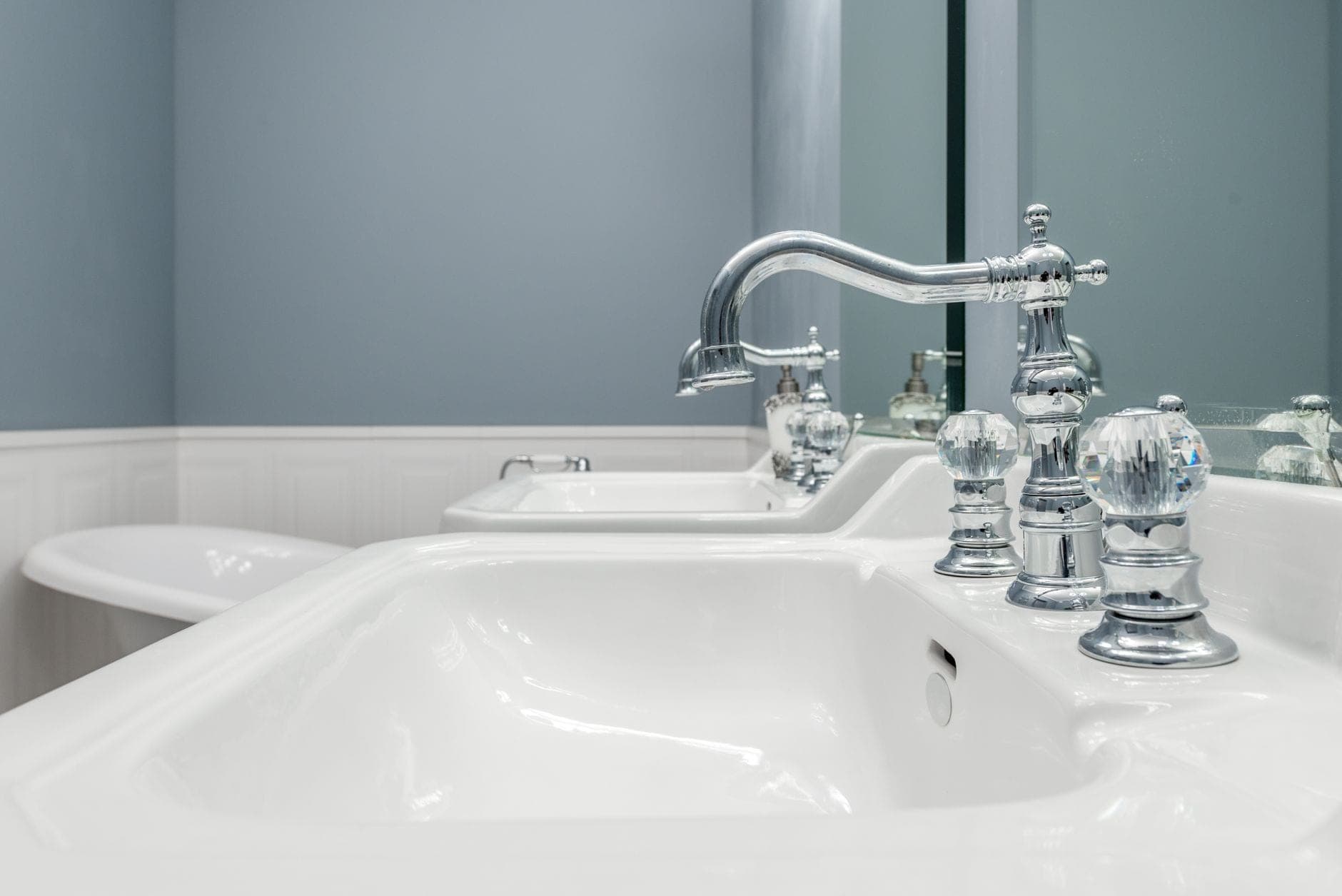 A brushed nickel bathroom faucet
