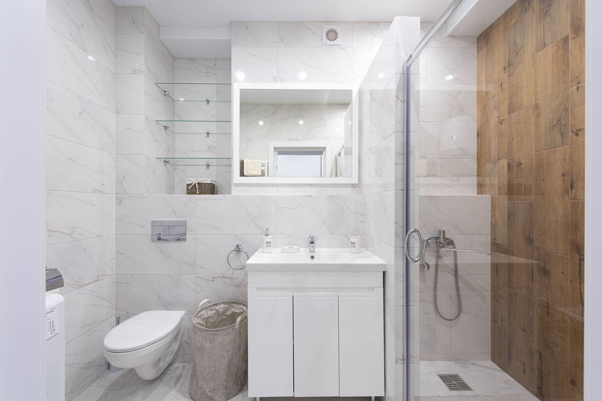 A white one-piece toilet