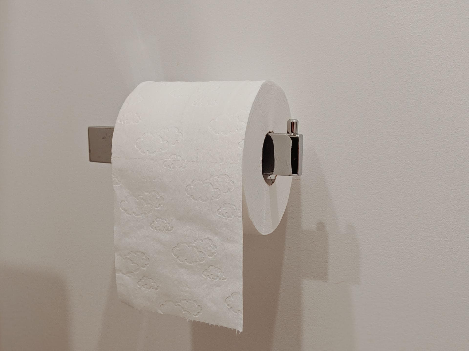 A toilet paper roll on a holder against a tiled bathroom wall