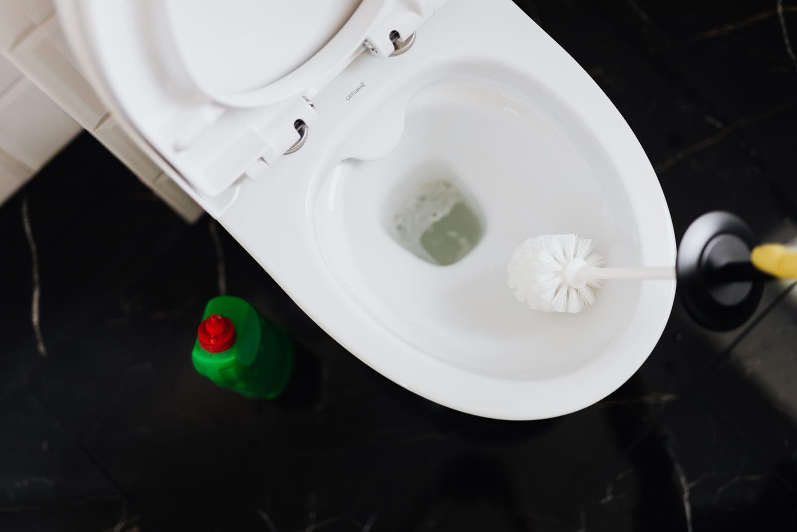 A toilet brush standing in an open toilet bowl, with cleaner and a plunger on the floor beside it