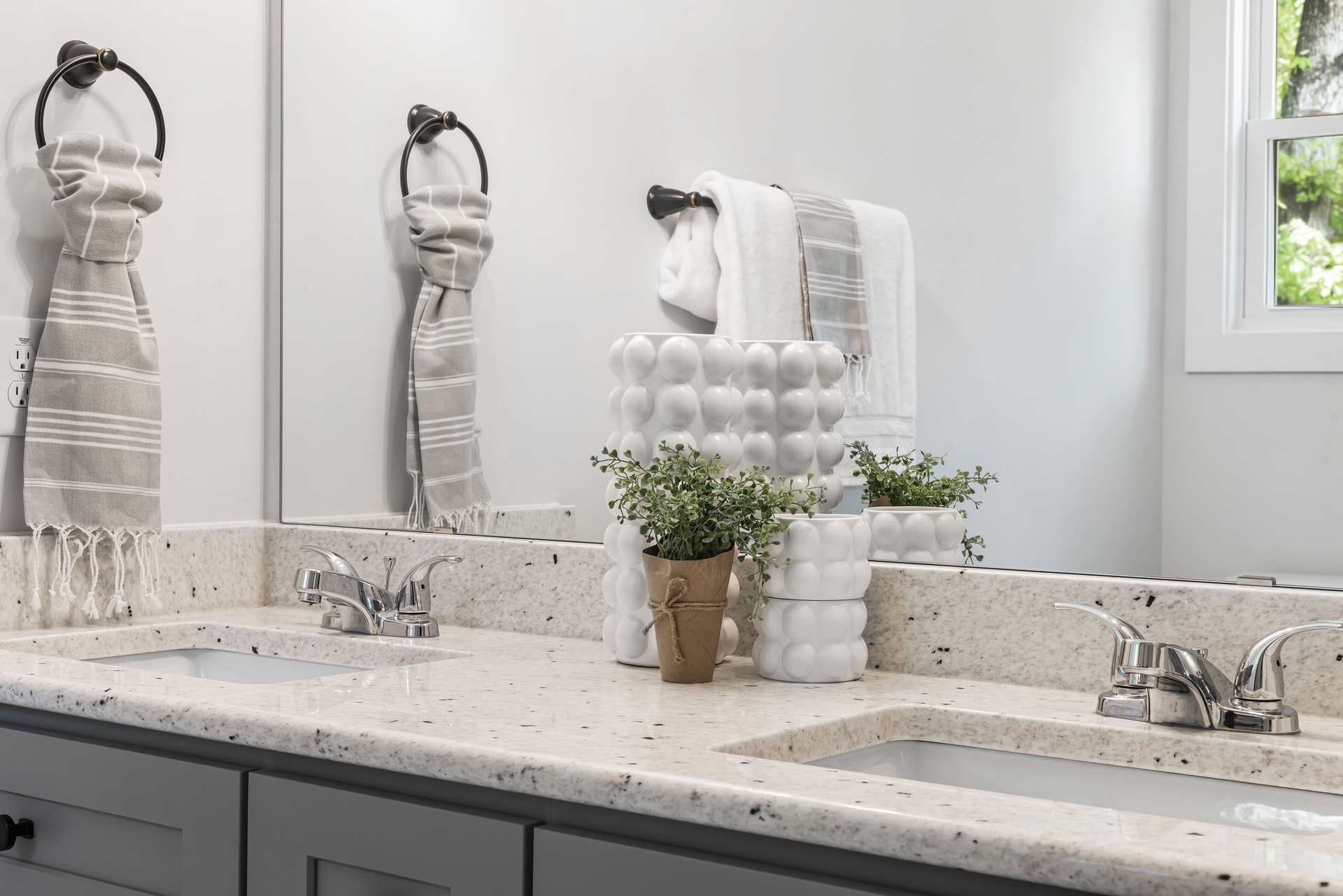 A hand towel on a towel ring