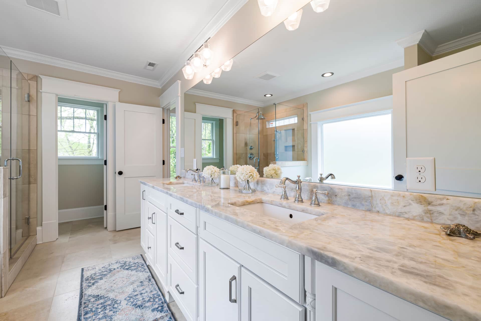 A bright bathroom vanity area