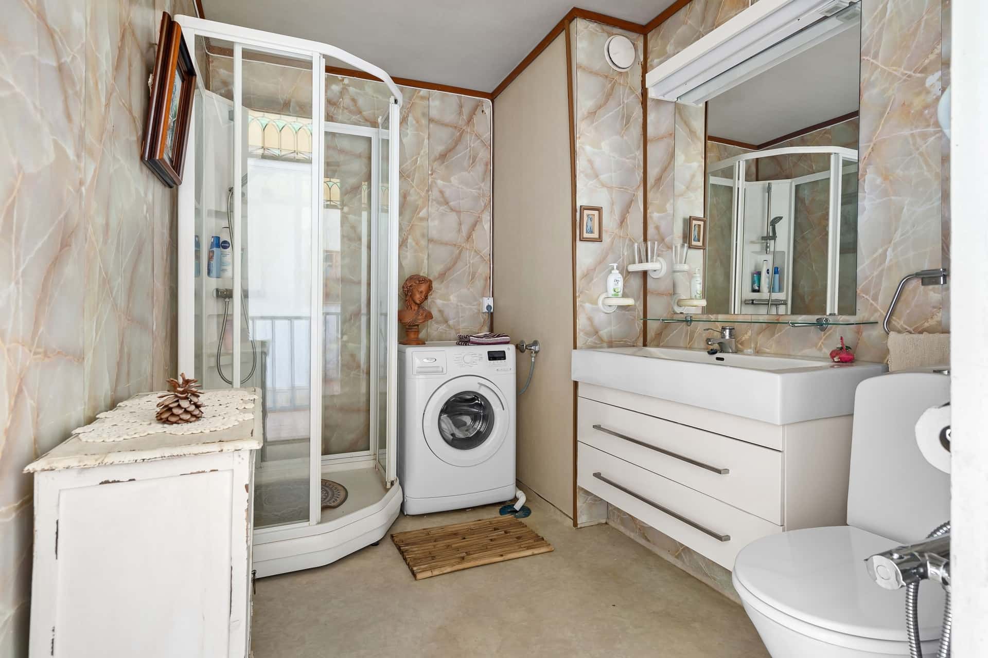 A narrow bathroom interior